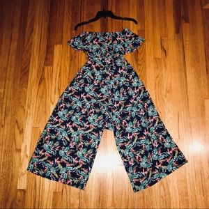 Floral vintage print strapless flowy jumpsuit